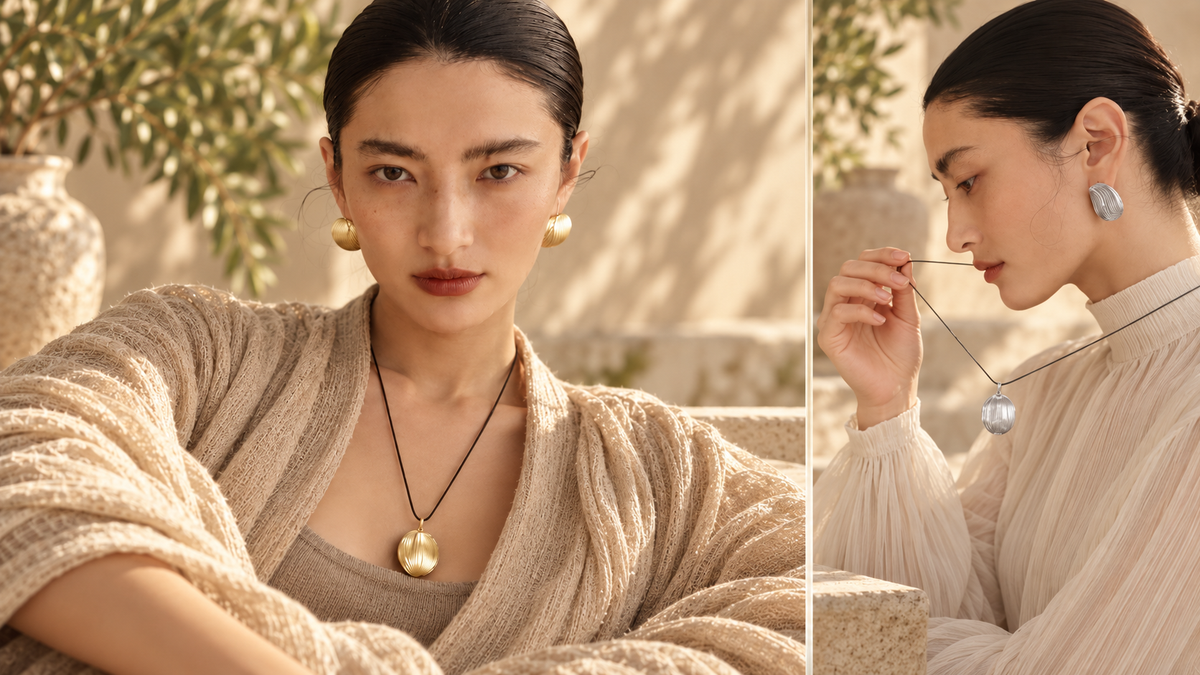 Editorial comparison of gold-tone and silver-tone jewelry featuring sculptural earrings and textured pendant necklaces styled on two portraits.  Copy Alt