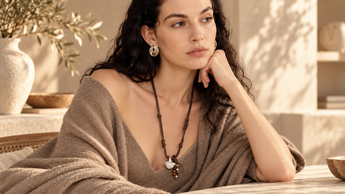 Model wearing a long pendant necklace with tiger eye earrings in a warm neutral editorial setting