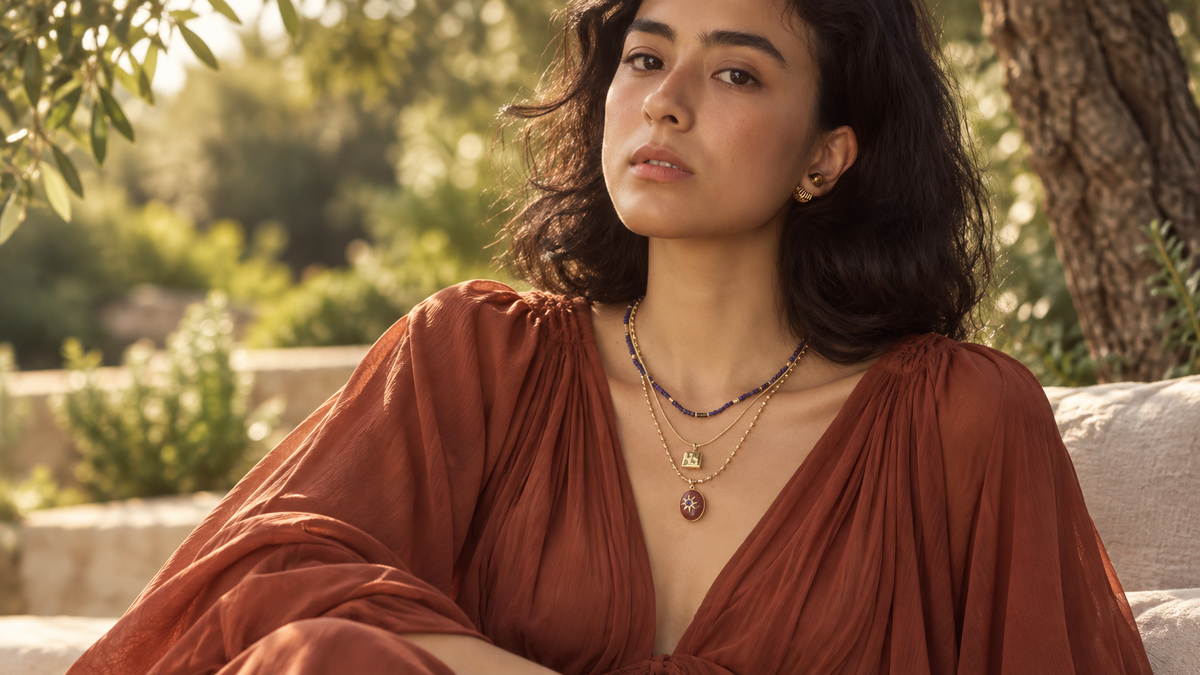 Model styling layered necklaces of different lengths in a warm outdoor portrait