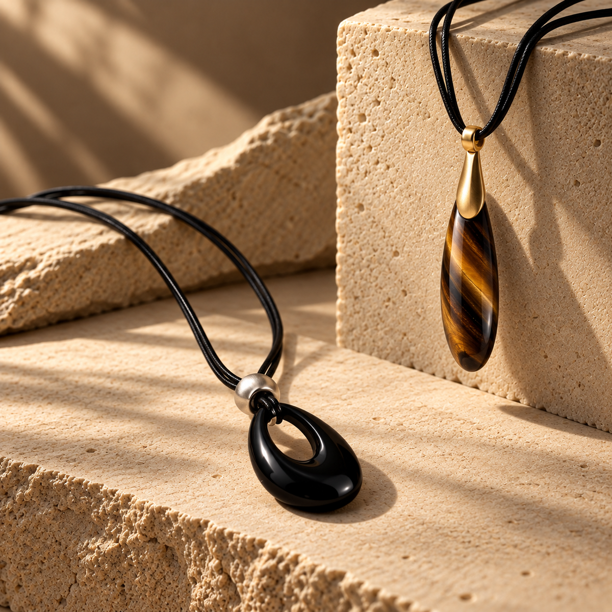 Black cord pendant necklaces featuring sculptural natural stone and metal designs arranged on warm beige stone blocks
