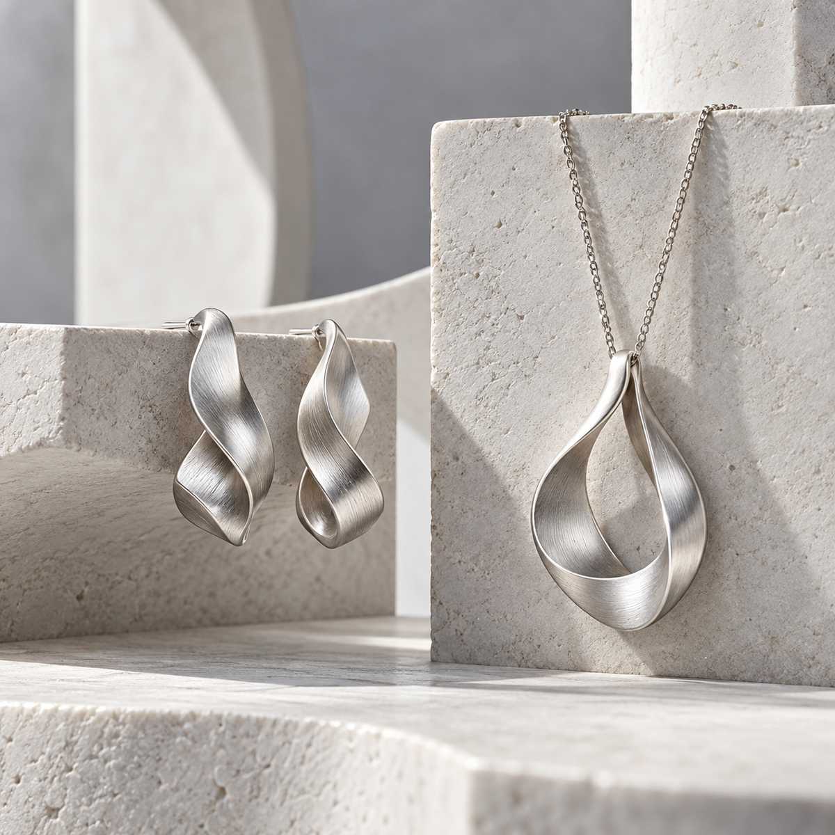 Brushed silver-tone sculptural earrings and pendant displayed on pale stone forms