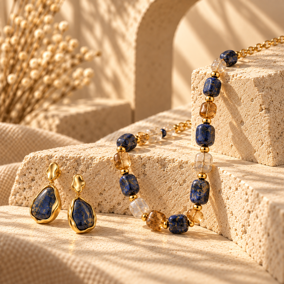Natural stone necklace and earrings with blue and amber tones on textured stone