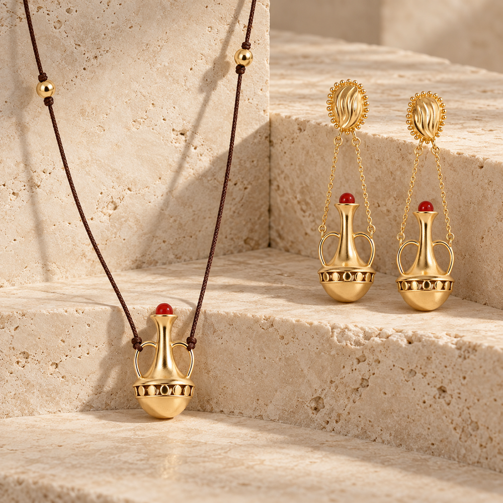 Amphora collection image featuring a cord pendant necklace and matching earrings on warm stone steps