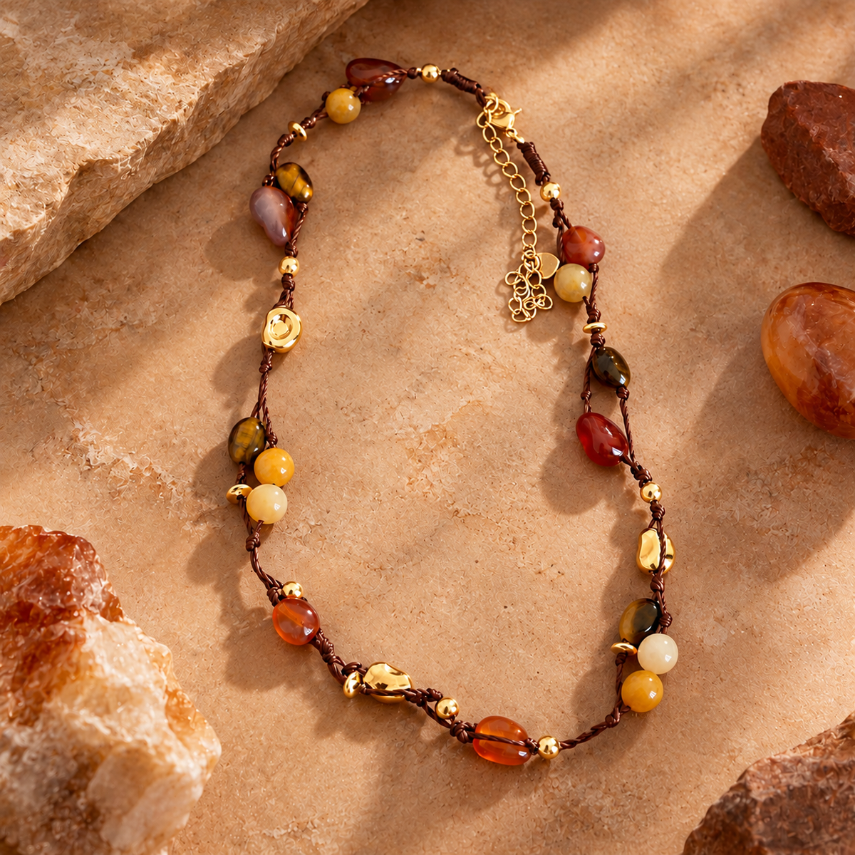 Natural stone necklace with warm-toned stones and gold-tone details