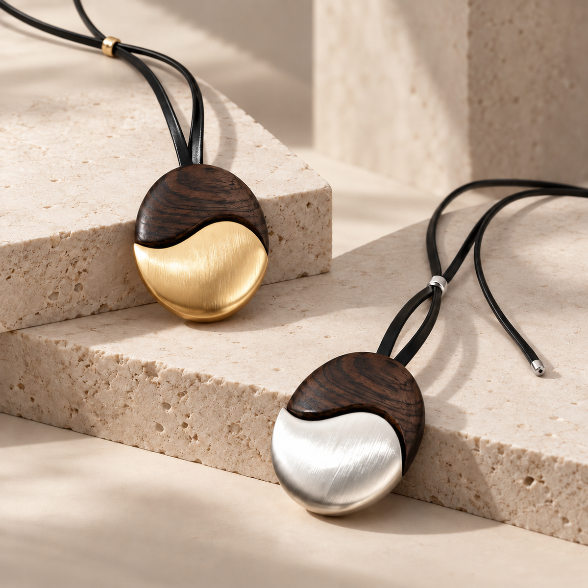Sculptural wood and metal pendant necklaces arranged on warm stone