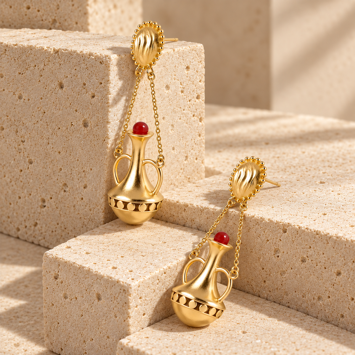 Gold-tone amphora statement earrings with red agate accents