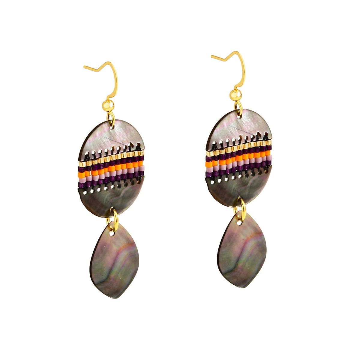 Abalone shell beaded drop earrings with gold-tone hooks and colorful seed beads