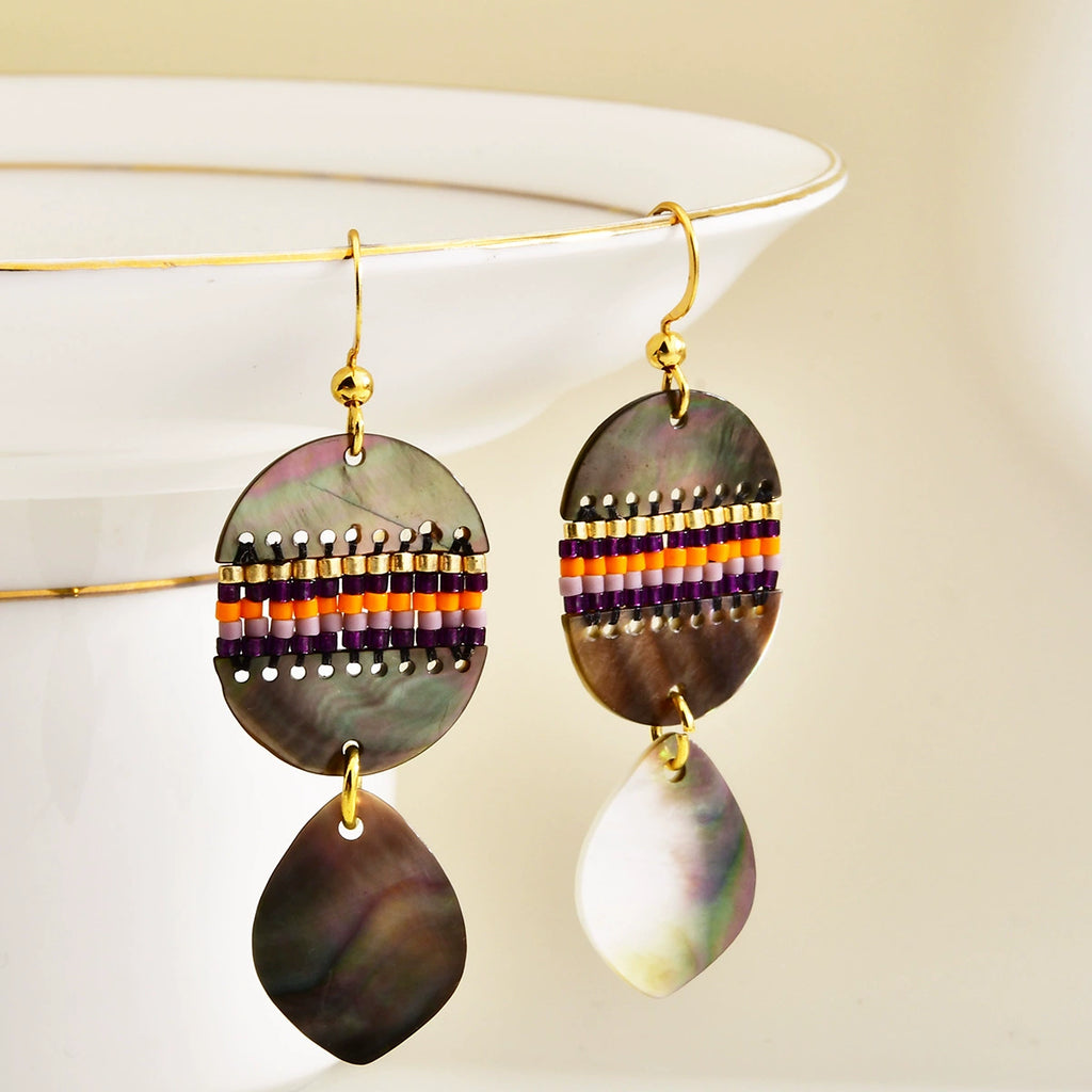 Iridescent abalone shell drop earrings with multicolor beadwork