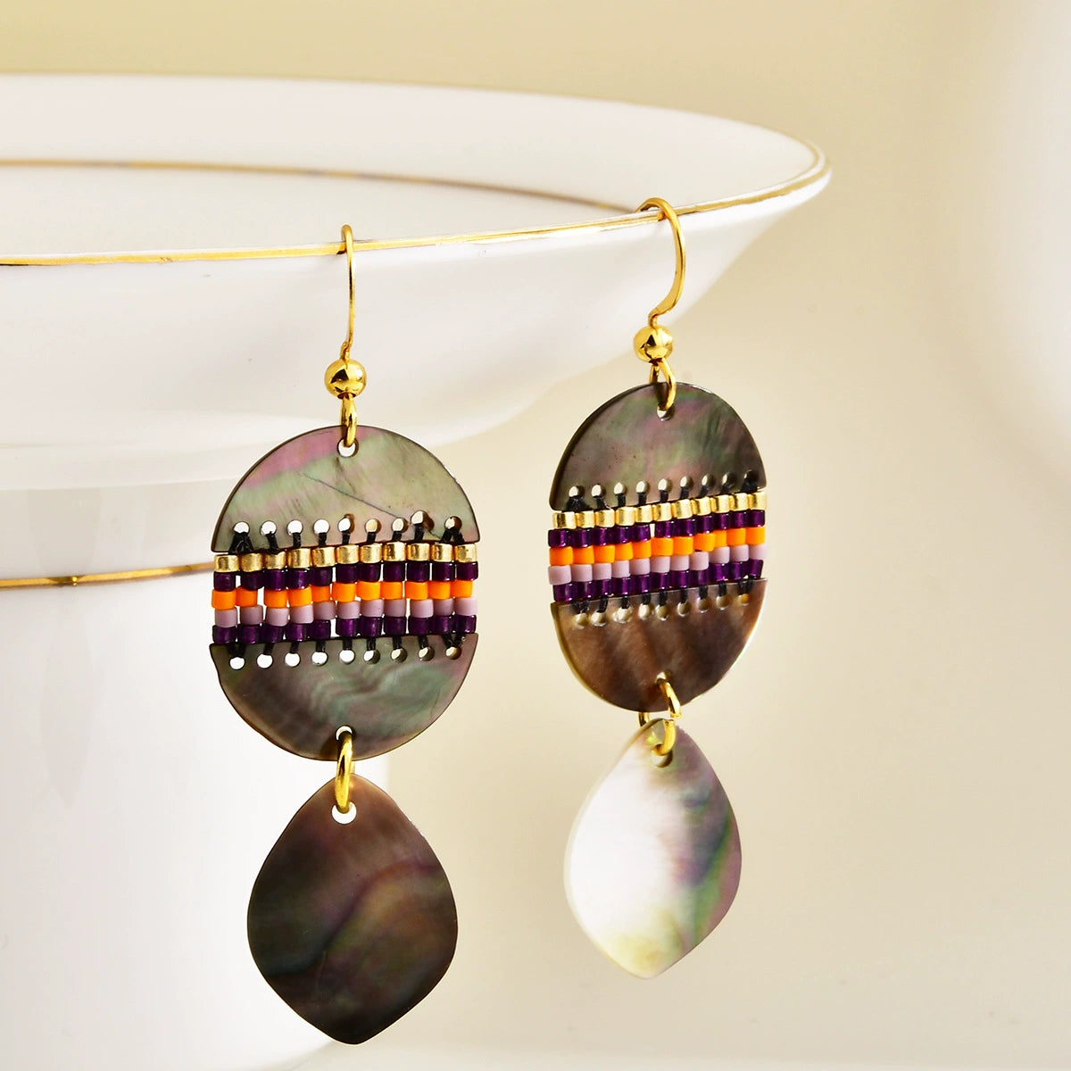 Iridescent abalone shell drop earrings with multicolor beadwork
