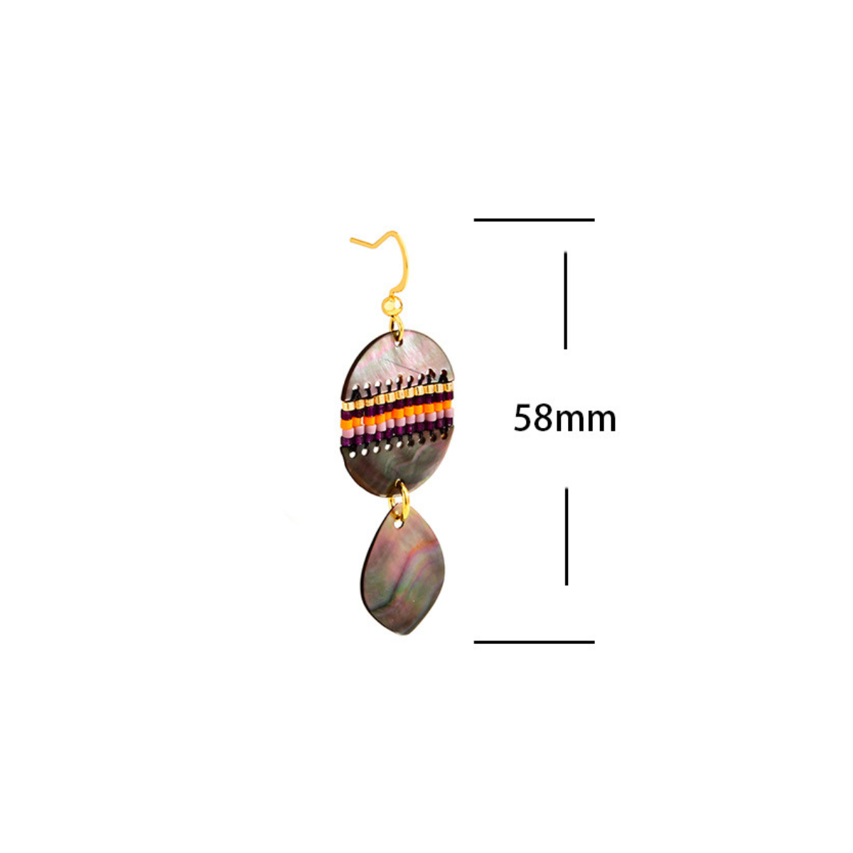 Abalone shell beaded drop earring shown at approximately 58 mm long