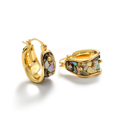 Gold-tone U-hoop earrings with iridescent abalone shell fragments