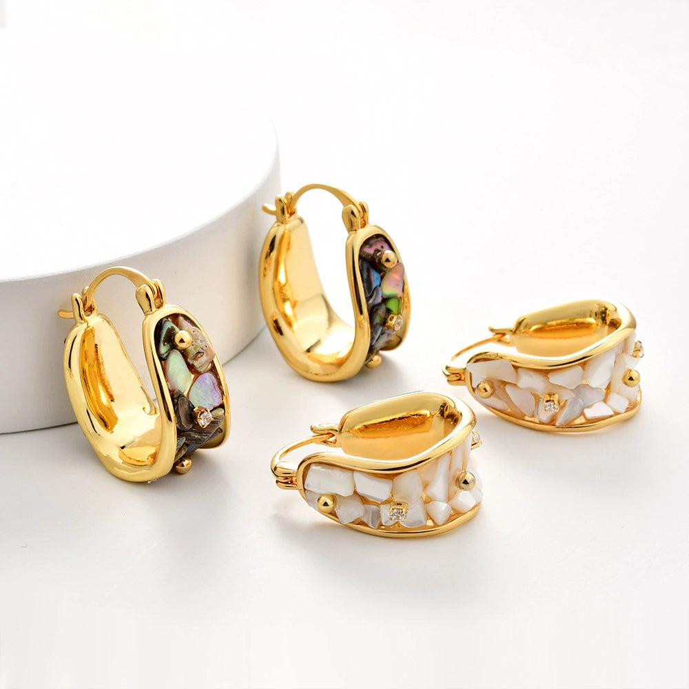 Abalone shell and white shell gold-tone U-hoop earring variants