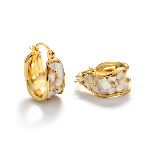 Gold-tone U-hoop earrings with white shell fragment inlay