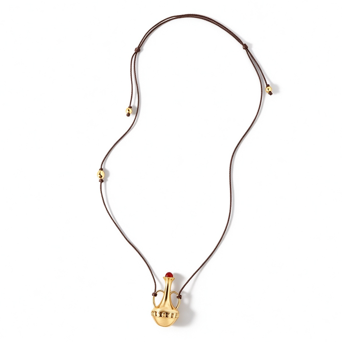 Gold-tone amphora red agate necklace with long brown waxed cord