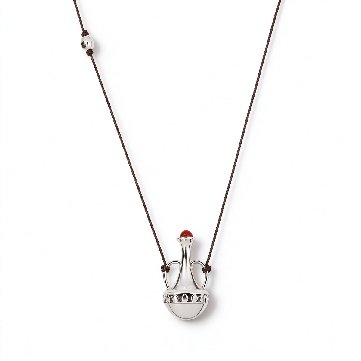 Silver-tone amphora red agate pendant necklace on brown waxed cord