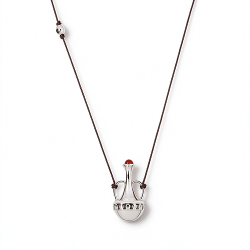 Silver-tone amphora red agate pendant necklace on brown waxed cord