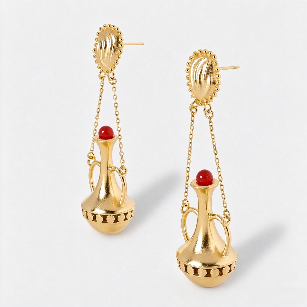 Angled view of gold-tone amphora red agate drop earrings