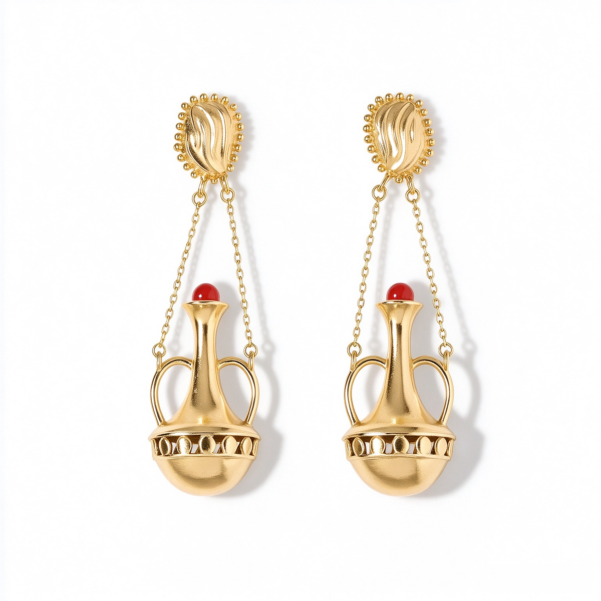 Gold-tone amphora red agate drop earrings with double chain detail