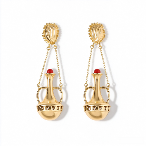 Gold-tone amphora red agate drop earrings with double chain detail