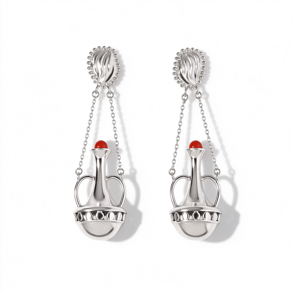 Silver-tone amphora red agate drop earrings with double chain detail