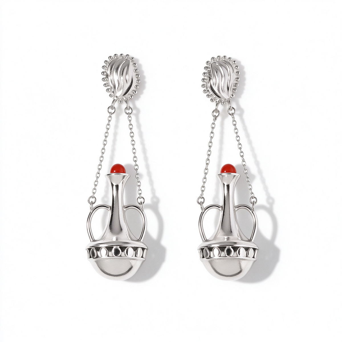 Silver-tone amphora red agate drop earrings with double chain detail