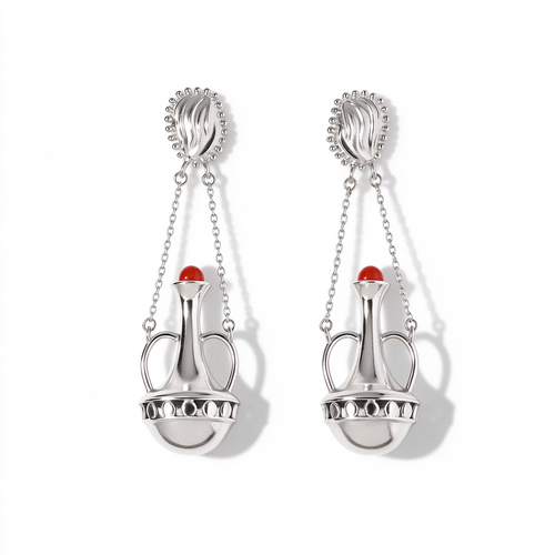 Silver-tone amphora red agate drop earrings with double chain detail