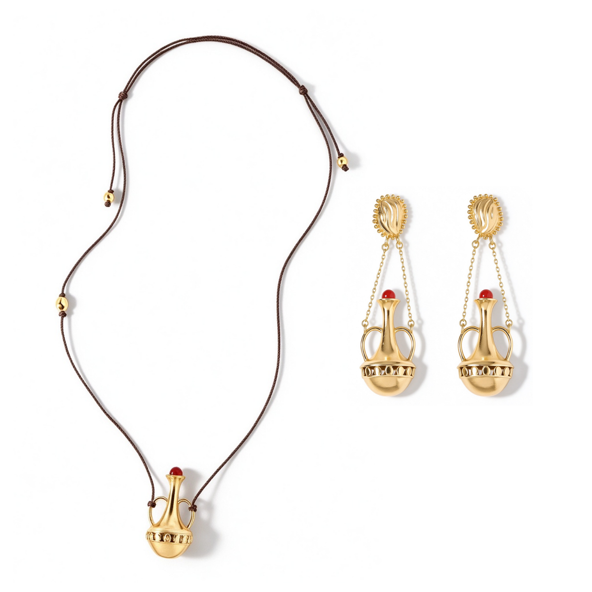 Amphora Red Agate necklace and matching earrings set in Gold-Tone