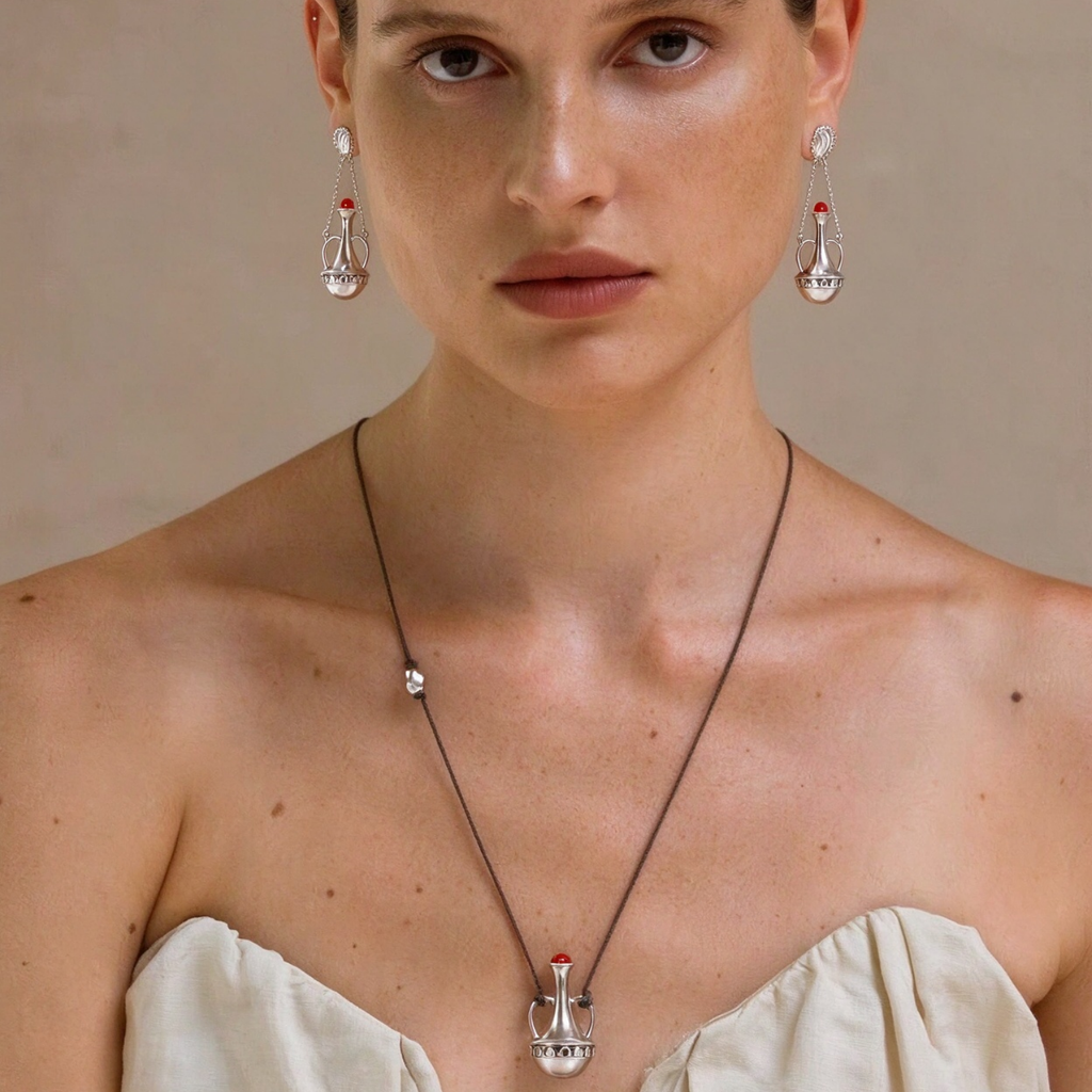 Model wearing the Silver-Tone Amphora Red Agate necklace and matching earrings