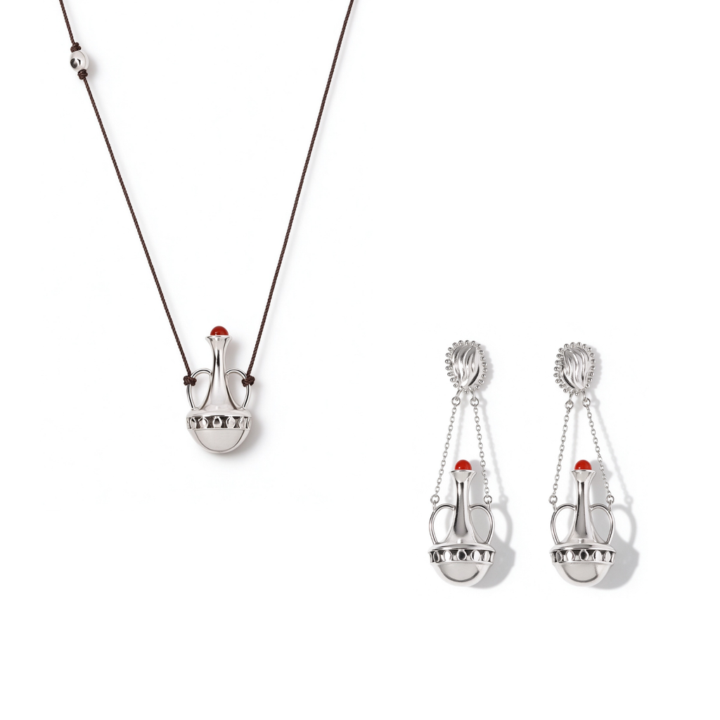 Amphora Red Agate necklace and matching earrings set in Silver-Tone