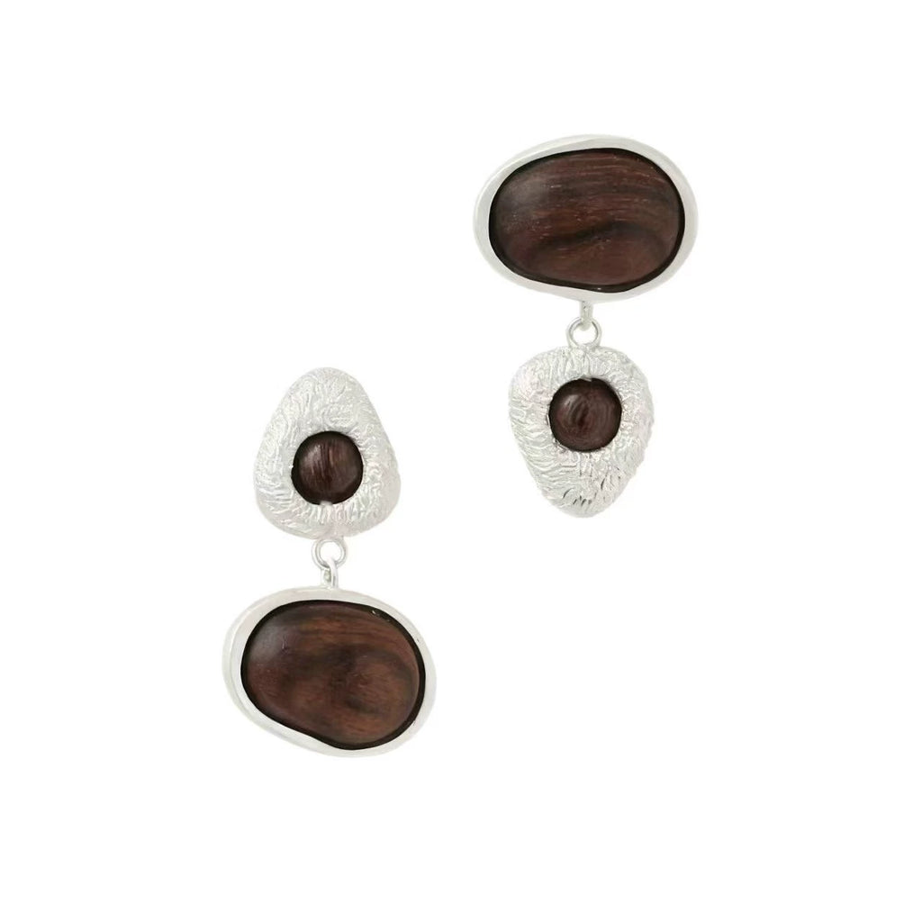Dark Brown asymmetric wood stud earrings with silver-tone details