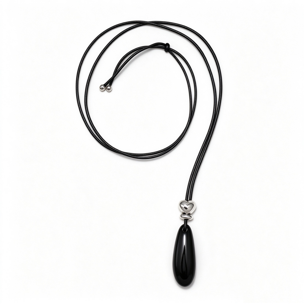 Black Onyx Teardrop Cord Necklace with silver-tone brass detail