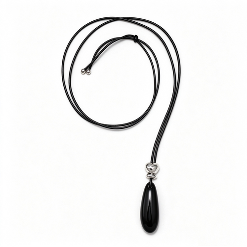 Black Onyx Teardrop Cord Necklace with silver-tone brass detail