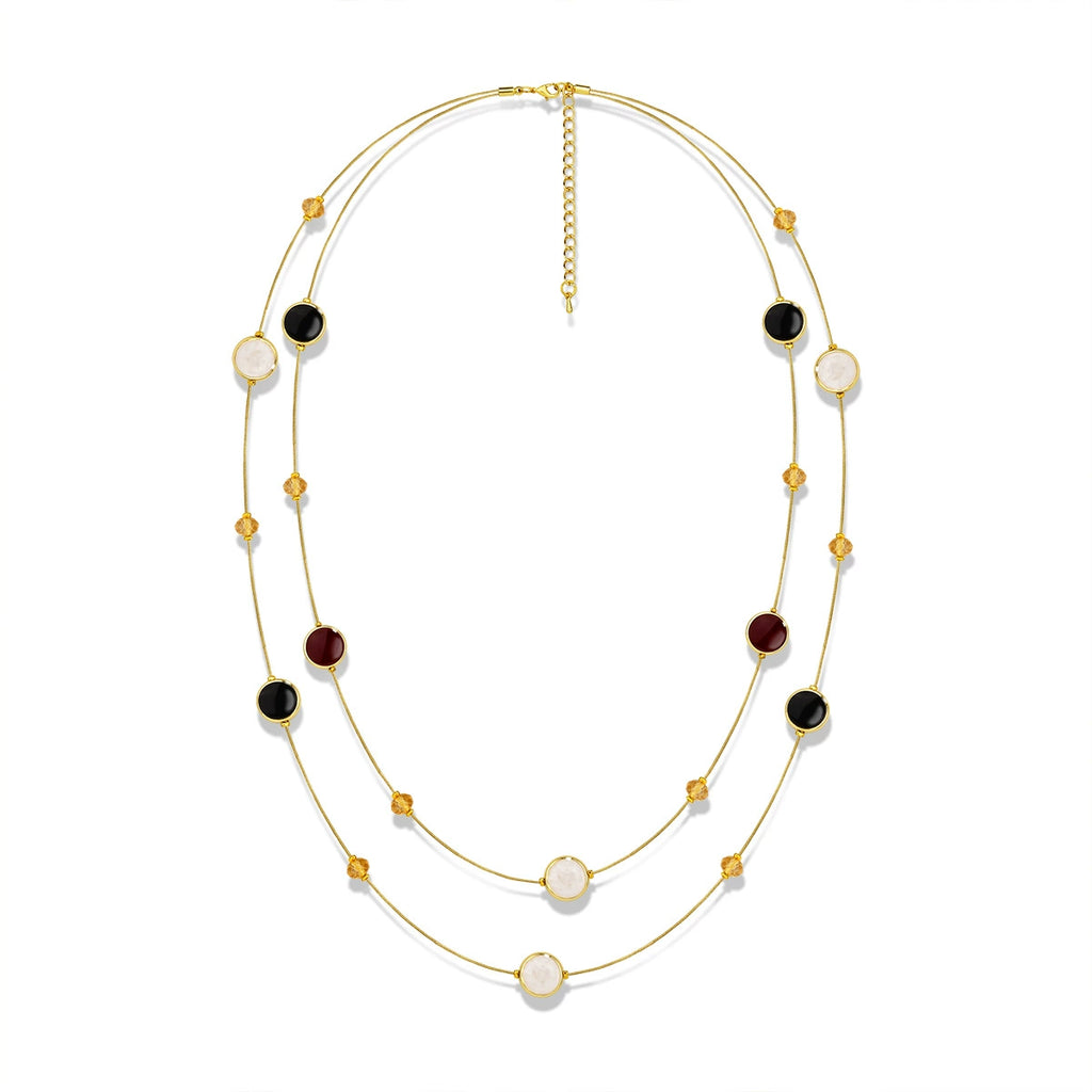 Layered gold-tone long necklace with black burgundy pale accents and crystal beads