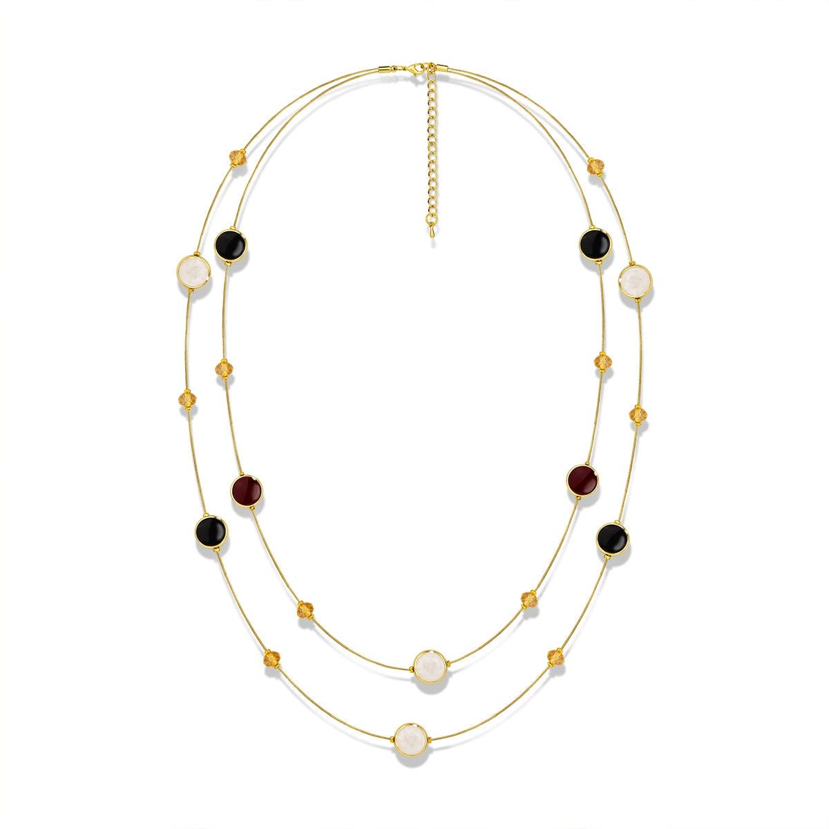 Layered gold-tone long necklace with black burgundy pale accents and crystal beads