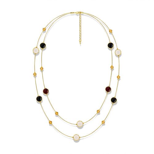 Layered gold-tone long necklace with black burgundy pale accents and crystal beads