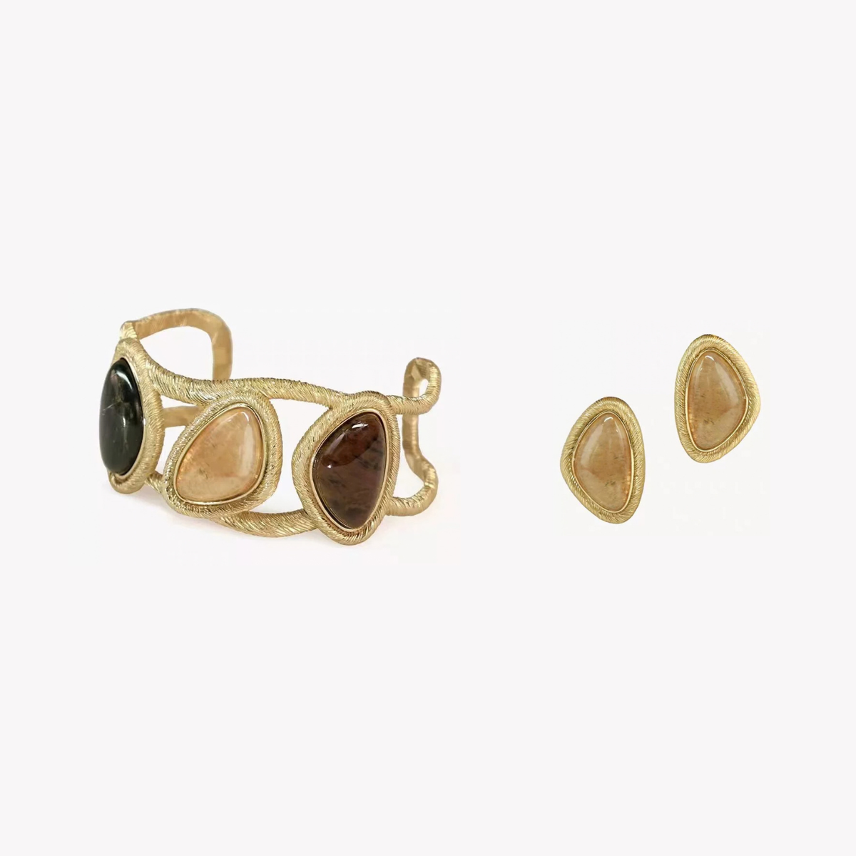 Bound Light Gold-Tone natural stone triangle earrings with sculptural cuff bracelet