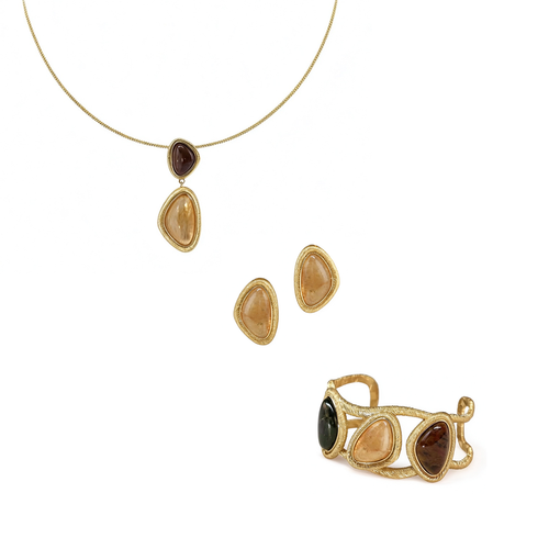 Bound Light Gold-Tone long necklace, triangle earrings and natural stone cuff three-piece set