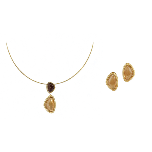 Bound Light Gold-Tone long natural stone necklace with matching triangle stud earrings