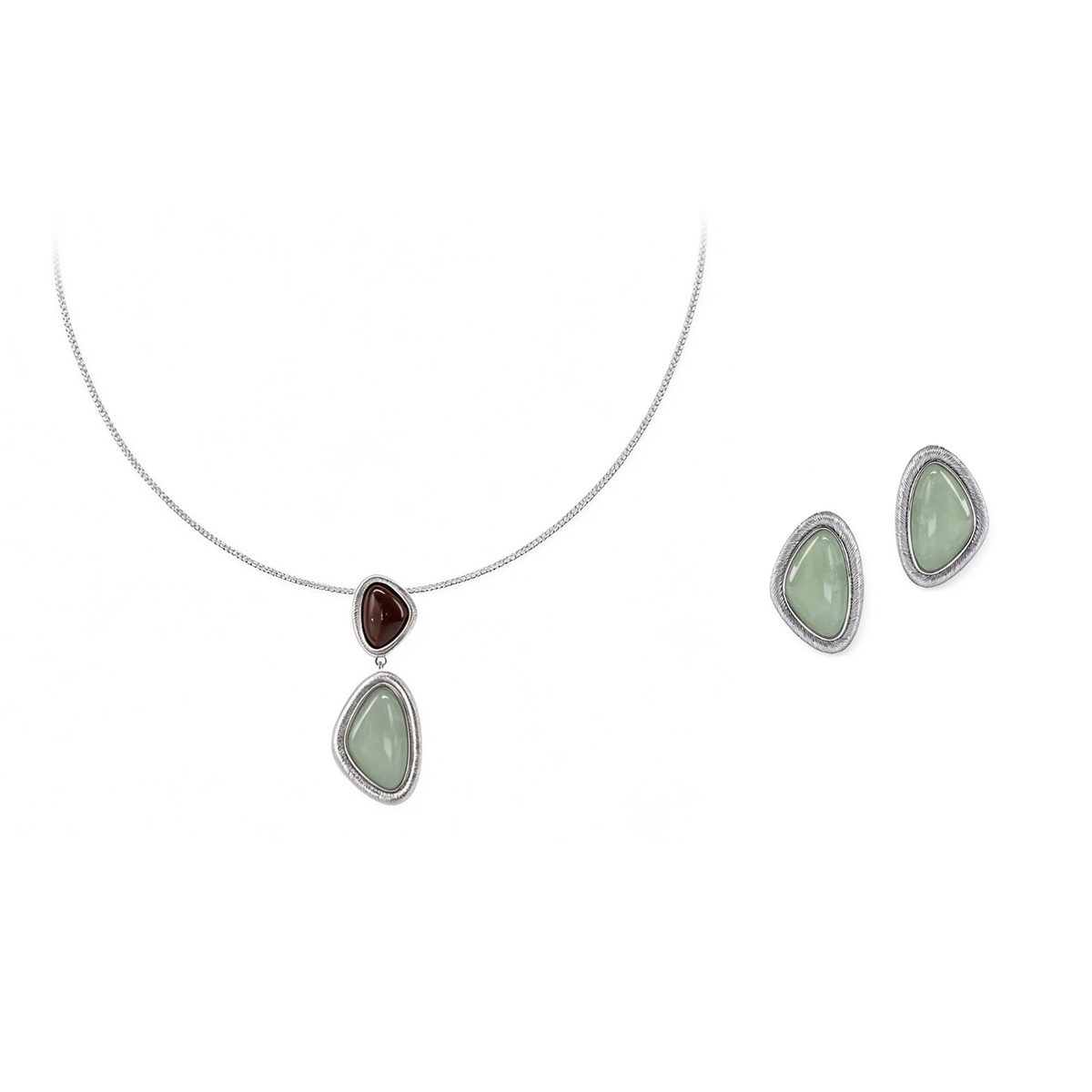 Bound Light Silver-Tone long natural stone necklace with matching triangle stud earrings