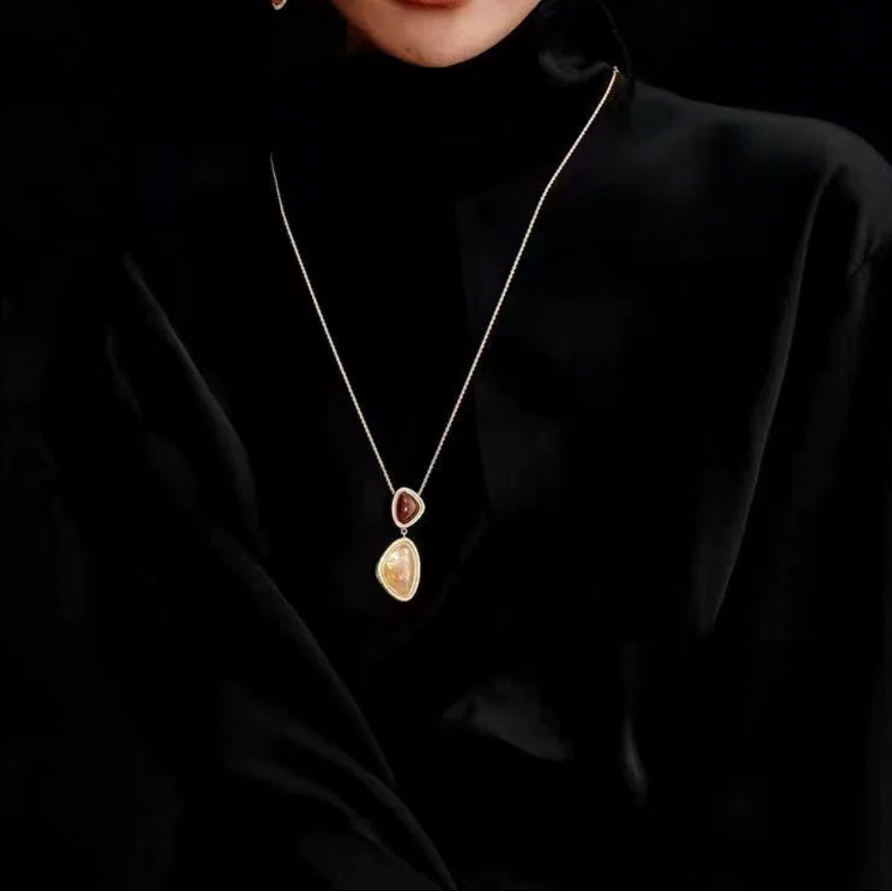 Model wearing the Bound Light natural stone long necklace