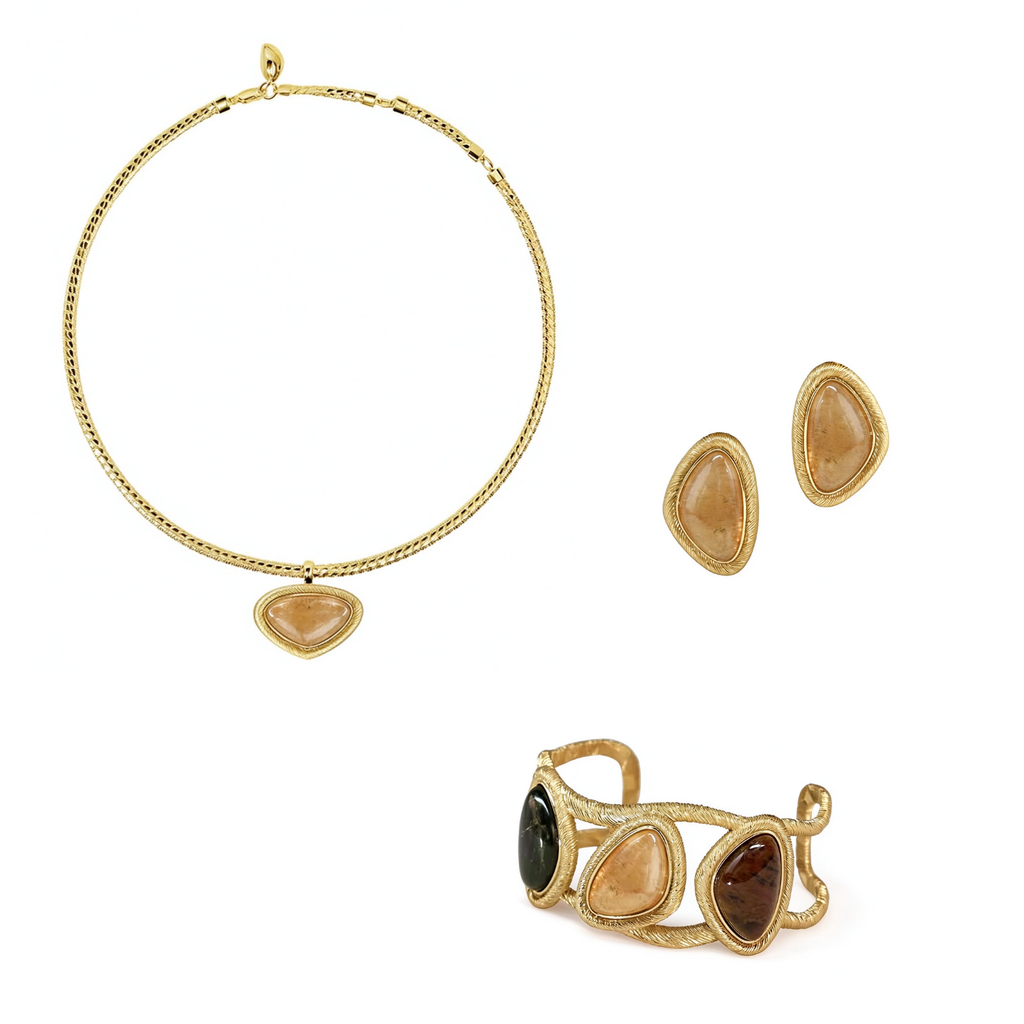 Bound Light Gold-Tone short necklace, triangle earrings and natural stone cuff three-piece set