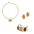 Bound Light Gold-Tone short necklace, triangle earrings and natural stone cuff three-piece set
