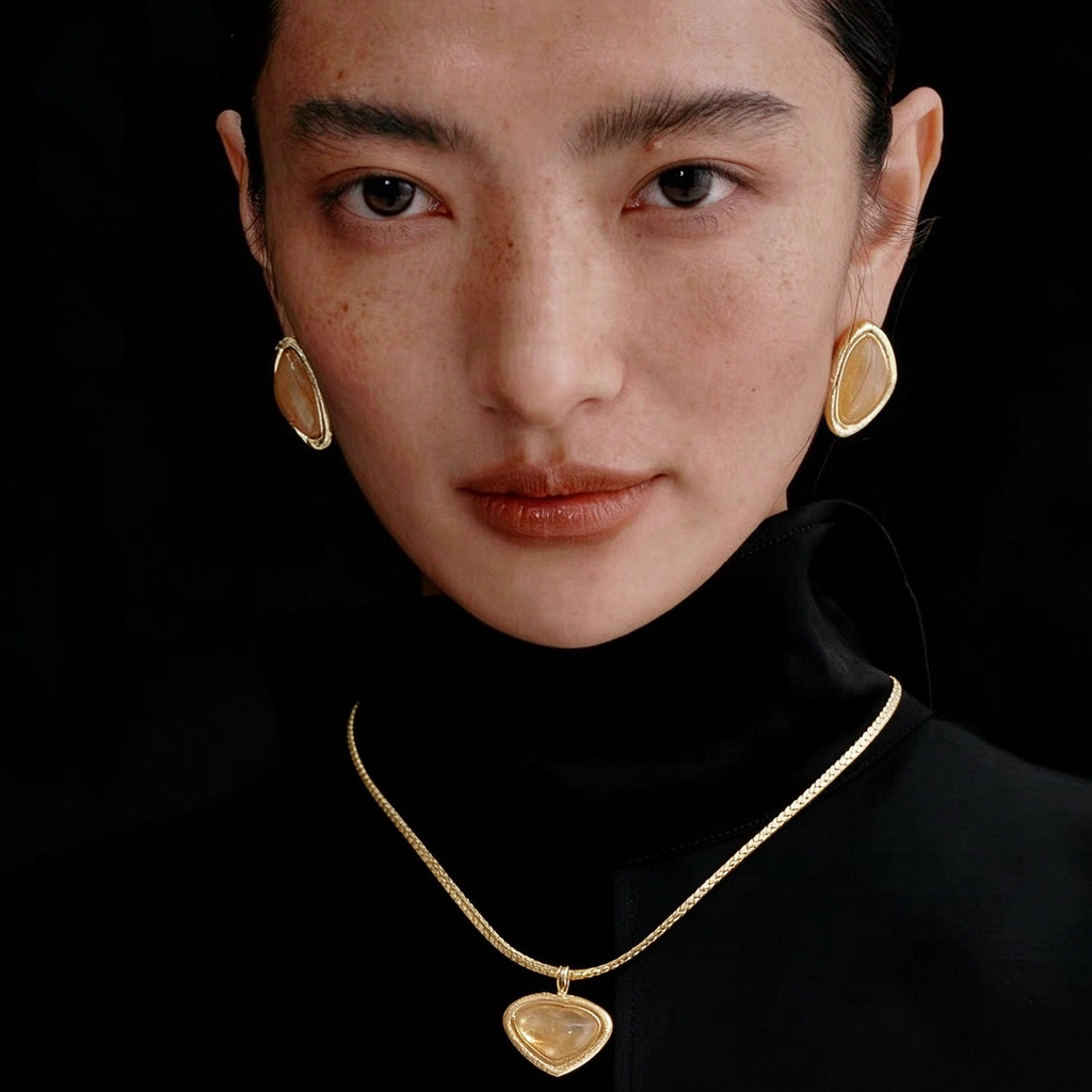 Model wearing the Gold-Tone Bound Light short natural stone necklace and triangle earrings