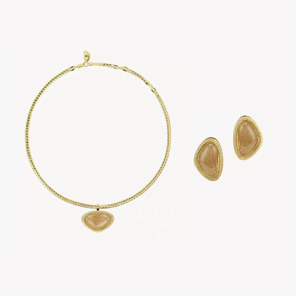 Bound Light Gold-Tone short natural stone necklace with matching triangle stud earrings