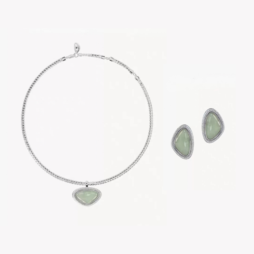 Bound Light Silver-Tone short natural stone necklace with matching triangle stud earrings
