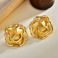 Brushed gold-tone sculptural open rose stud earrings with polished curved petal outlines