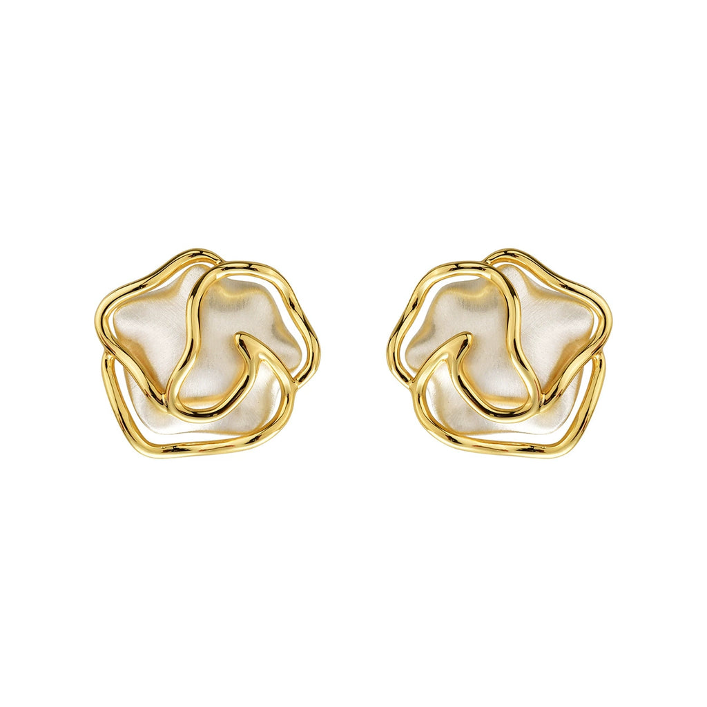 Pair of brushed silver-tone open rose stud earrings with sculptural floral outlines
