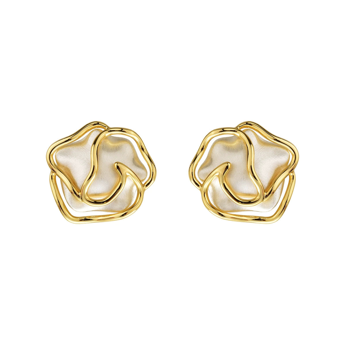 Pair of brushed silver-tone open rose stud earrings with sculptural floral outlines
