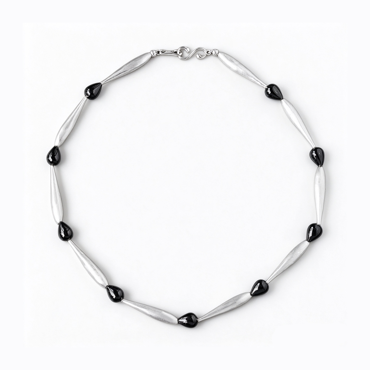 Brushed Silver Black Onyx necklace with sculptural elongated metal links