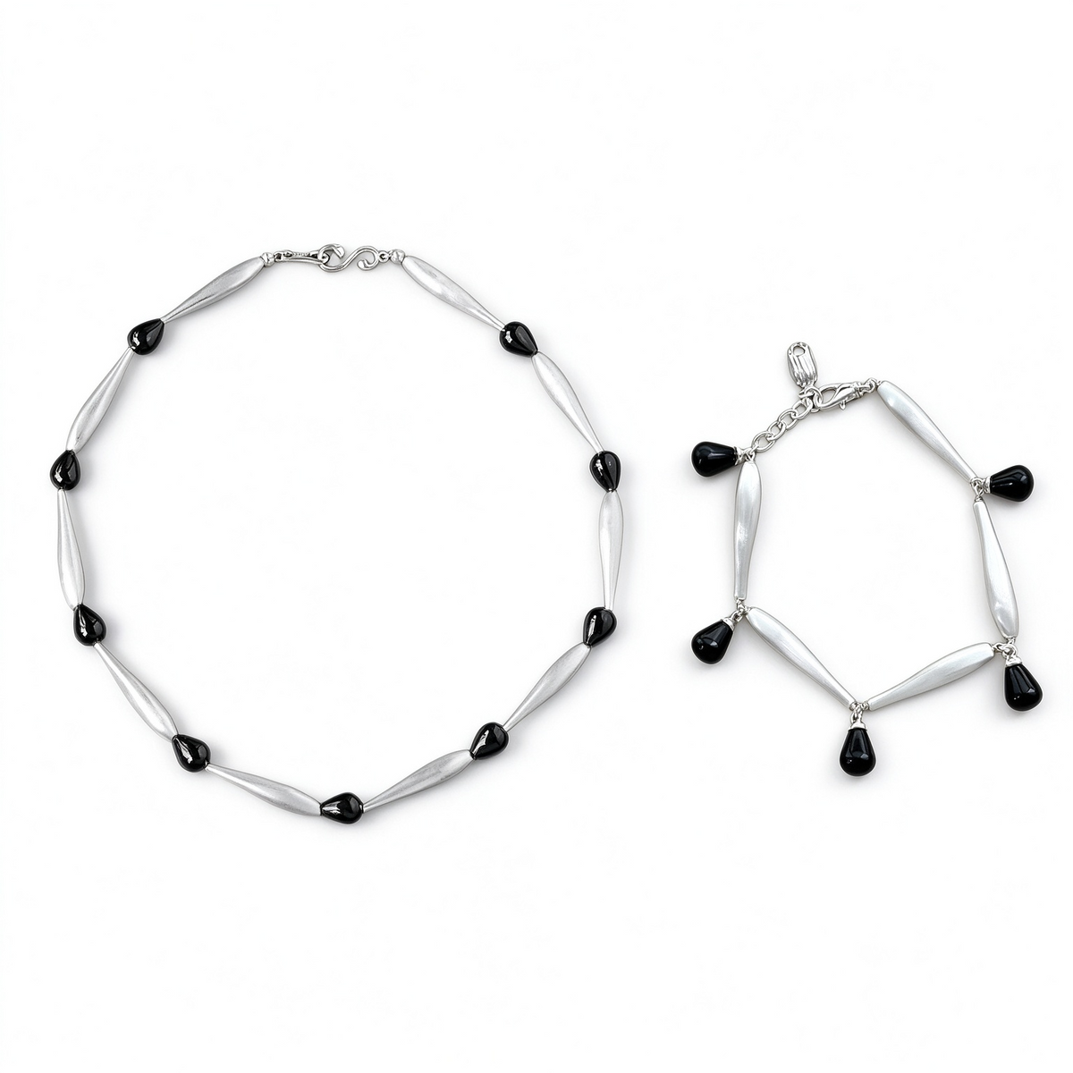 Brushed silver-tone Black Onyx necklace and matching bracelet set